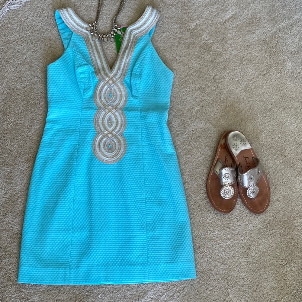 Lilly Pulitzer Turquoise Sleeveless Dress with metallic Embellishments, 00, NWT